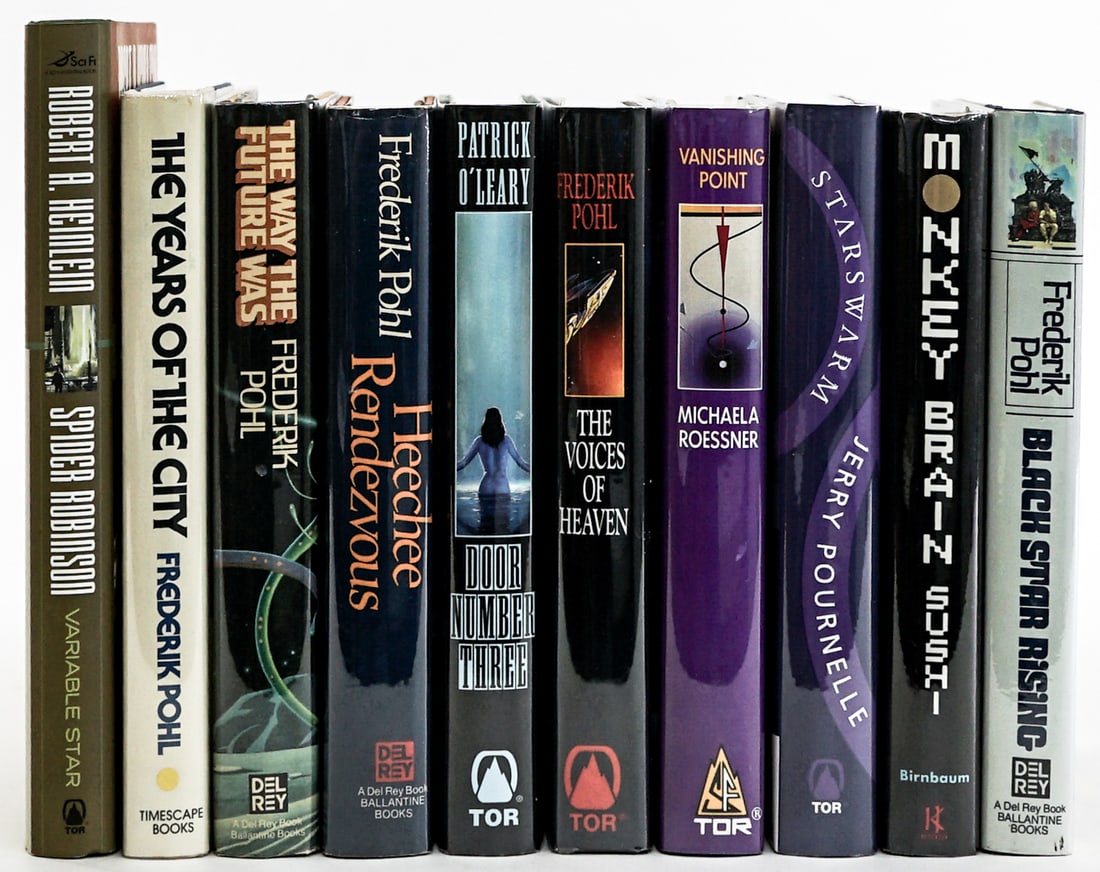 Science Fiction FIRST EDITIONS (Unsigned, 10): [Frederik Pohl] Most are in EX+/Near Mint condition. From a smoke-free home, no odors whatsoever. For shipping purposes the lot measures 13 x 12 x 7 inches. Signed (Autographed) book/s and other mater
