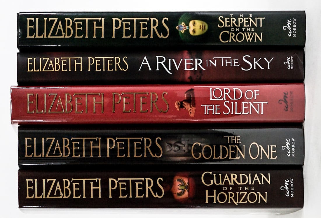Elizabeth Peters SIGNED Books (5): All are author signed, NONE are inscribed nor personalized. Books are in EX+/NM condition. These books are from an odor free and smoke-free home. Book lot measures 10 x 13 x 7 inches for shipping purp