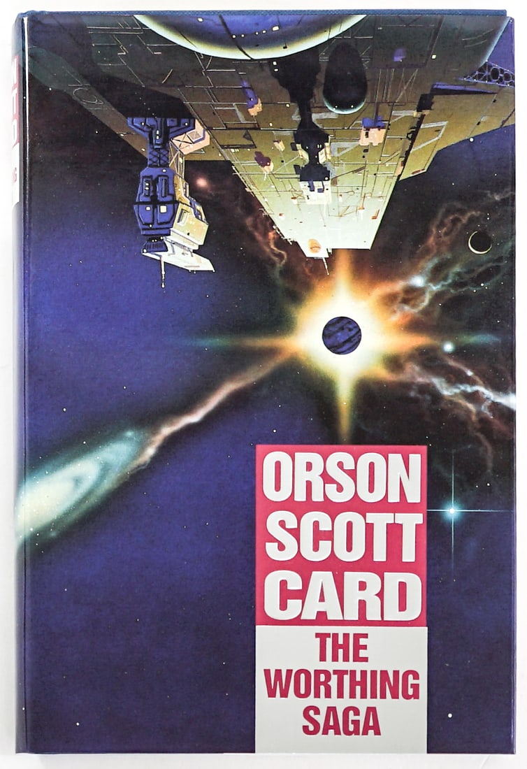Orson Scott Card - The Worthing Saga SIGNED: The Worthing Saga by Orson Scott Card signed with inscription on half-title page. Century, A Legend Book 1991 1st UK with unclipped dust jacket. 396 pp. Blue covers. Book lot measures 9.5 in. H x 6.25