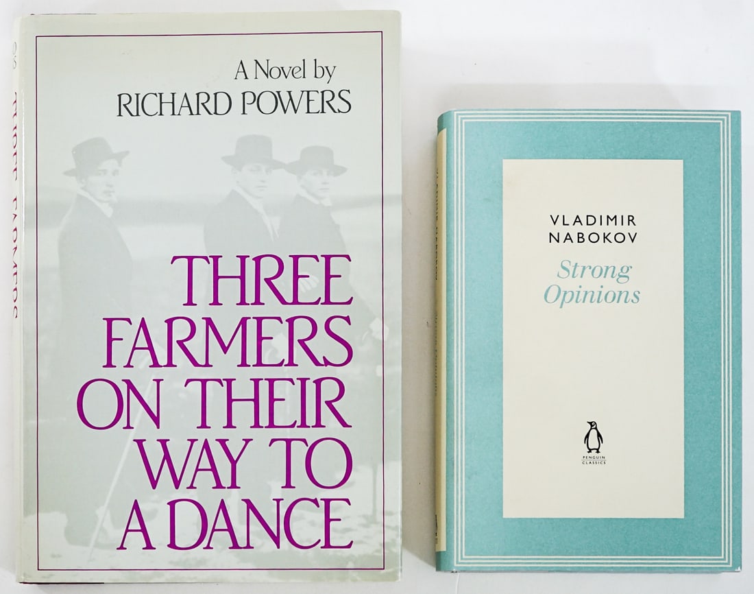 Richard Powers / Vladimir Nabokov (2) Books: 1) Three Farmers on Their Way to the Dance by Richard Powers. Beech Tree Books 1985 1st with unclipped dust jacket. 352 pp. Two-tone covers. 2) Strong Opinions by Vladimir Nabokov. Penguin Classic 201