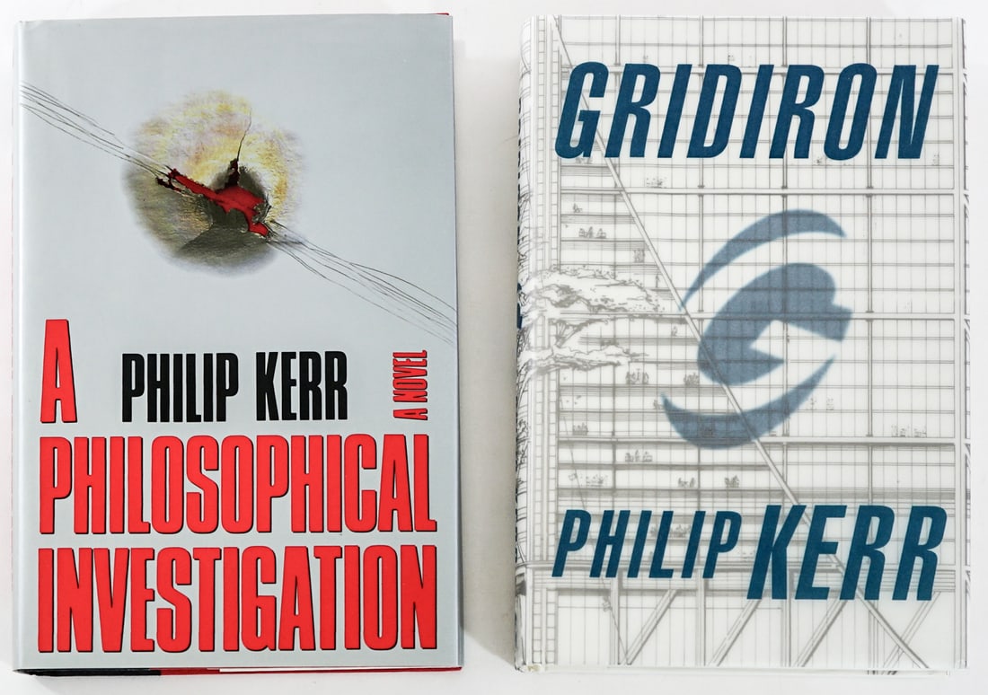 Philip Kerr (2) SIGNED Novels: 1) Gridiron signed on title page. Chatto and Windus, London 1995 1st with unclipped dust jacket. 373 pp. White covers. 2) A Philosophical Investigation signed on title page. Farrar Straus Giroux, New