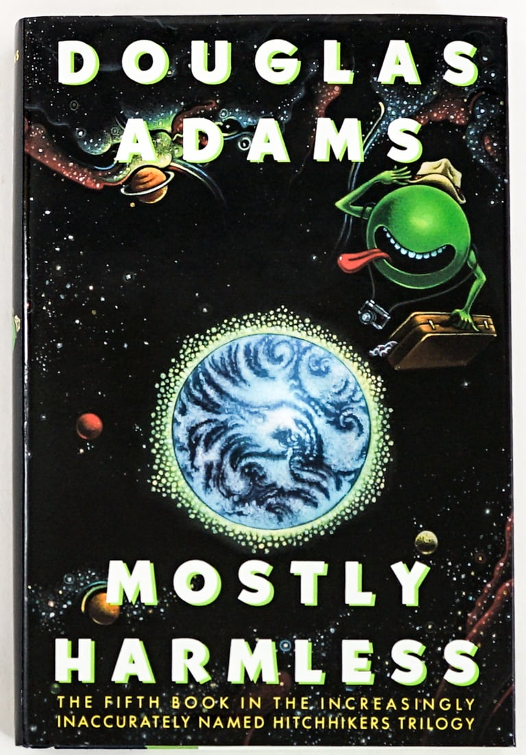 Douglas Adams - Mostly Harmless SIGNED 1992 1st: Mostly Harmless by Douglas Adams signed on title page. Harmony Books 1992 1st edition with unclipped dust jacket. 277 pp. Two-tone covers. Book lot measures 8.5 in. H x 5.75 in. W x 1 in. D for shippi