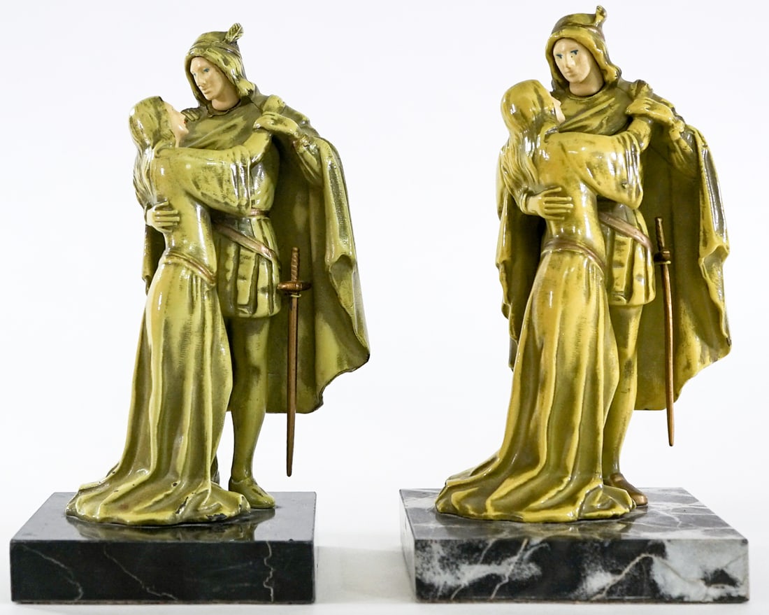 Art Nouveau (Pair) Bookends [Faust & Marguerite]: Art Deco Nouveau (pair) bookends with marble bases. EACH measures 7.25 x 4.5 x 3.75 in. Lot measures 7.25 x 4.5 x 8 inches for shipping purposes. The absence of a condition report does not imply that