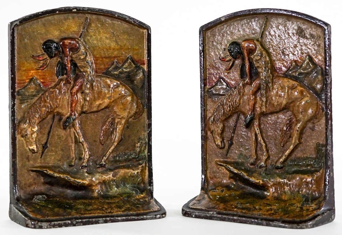 End of the Trail (Pair) Cast Metal: Pair of 'End of the Trail' cast metal with copper finish - cold painted. EACH measures 7 in. tall x 5 x 2 in. Lot measures 7 x 5 x 4.5 inches for shipping purposes. The absence of a condition report d