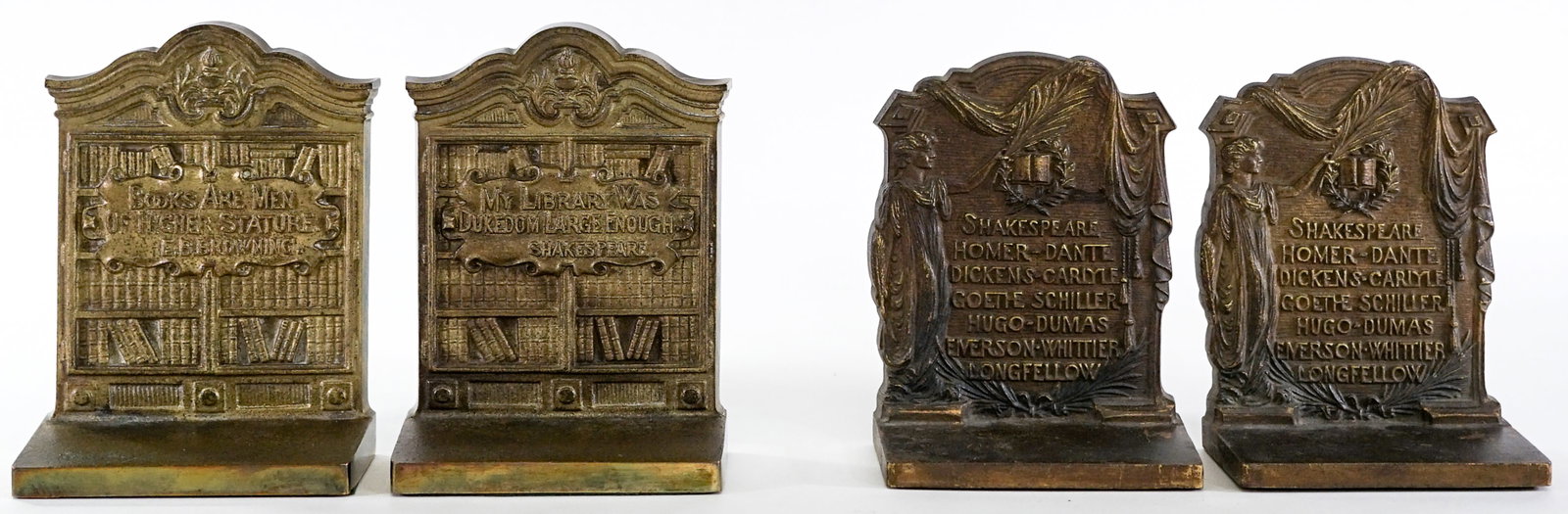 2PR Shakespeare Art Deco B&H Cast Iron Bookends: 1) Bradley and Hubbard Shakespeare and others. EACH measures 6 x 4.75 x 2.75 in. 2) Bradley and Hubbard Shakespeare / Browning. EACH measures 6.375 x 4.75 x 2.5 in. Lot measures 6.5 x 5 x 9.5 inches f