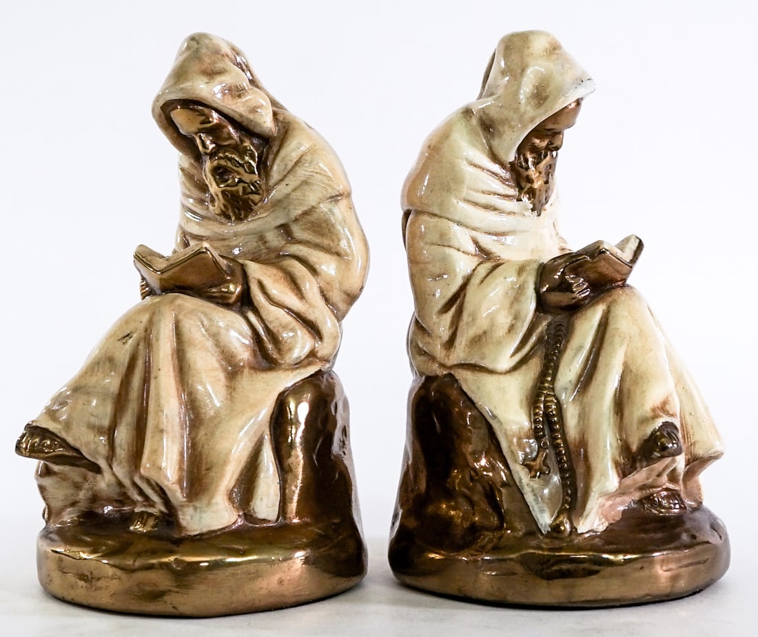 Marion Bronze Clad (Pair) Frier Priest Bookends: Marion Bronze pair of bookends. EACH measures 7 x 4 x 4.25 in. Lot measures 7 x 4 x 8.5 inches for shipping purposes. The absence of a condition report does not imply that the lot is in perfect condit