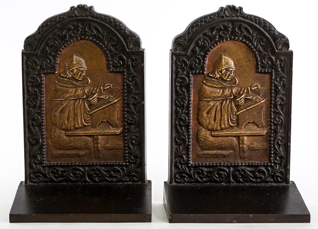 B & H (Pair) Cast Iron Bookends [Scholar / Monk): Bradley and Hubbard pair bookends. EACH measures 6.75 x 4.5 x 2.75 in. Lot measures 6.75 x 4.5 x 5.5 inches for shipping purposes. The absence of a condition report does not imply that the lot is in p