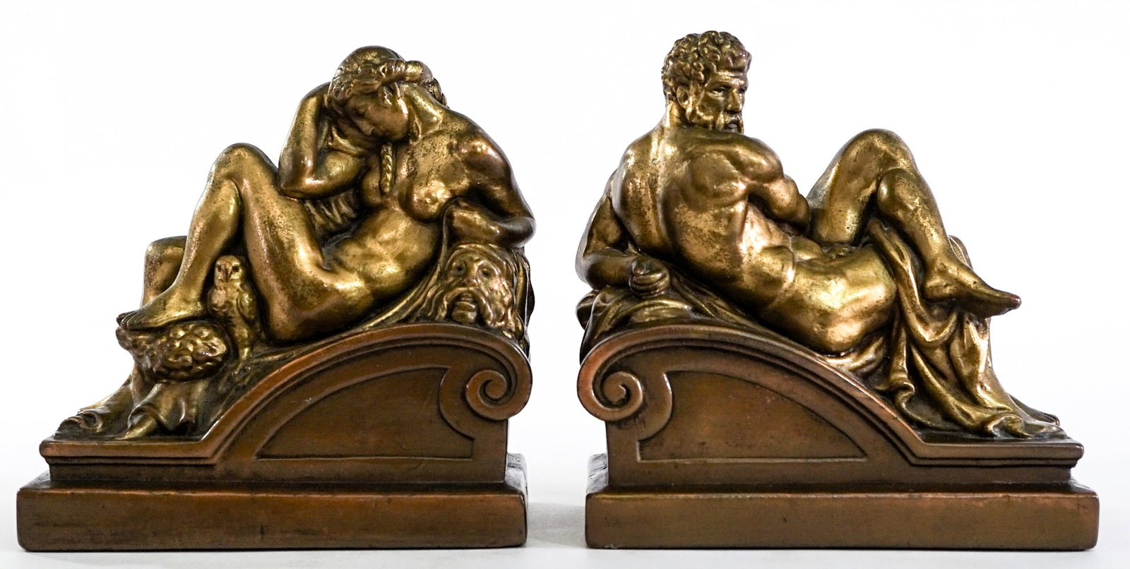 Night and Day Michelangelo (Pair) Bookends: After Michelangelo Night and Day pair bookends EACH measure 7 x 3.5 x 6.5 in. Lot measures 7 x 7 x 6.5 inches for shipping purposes. The absence of a condition report does not imply that the lot is in