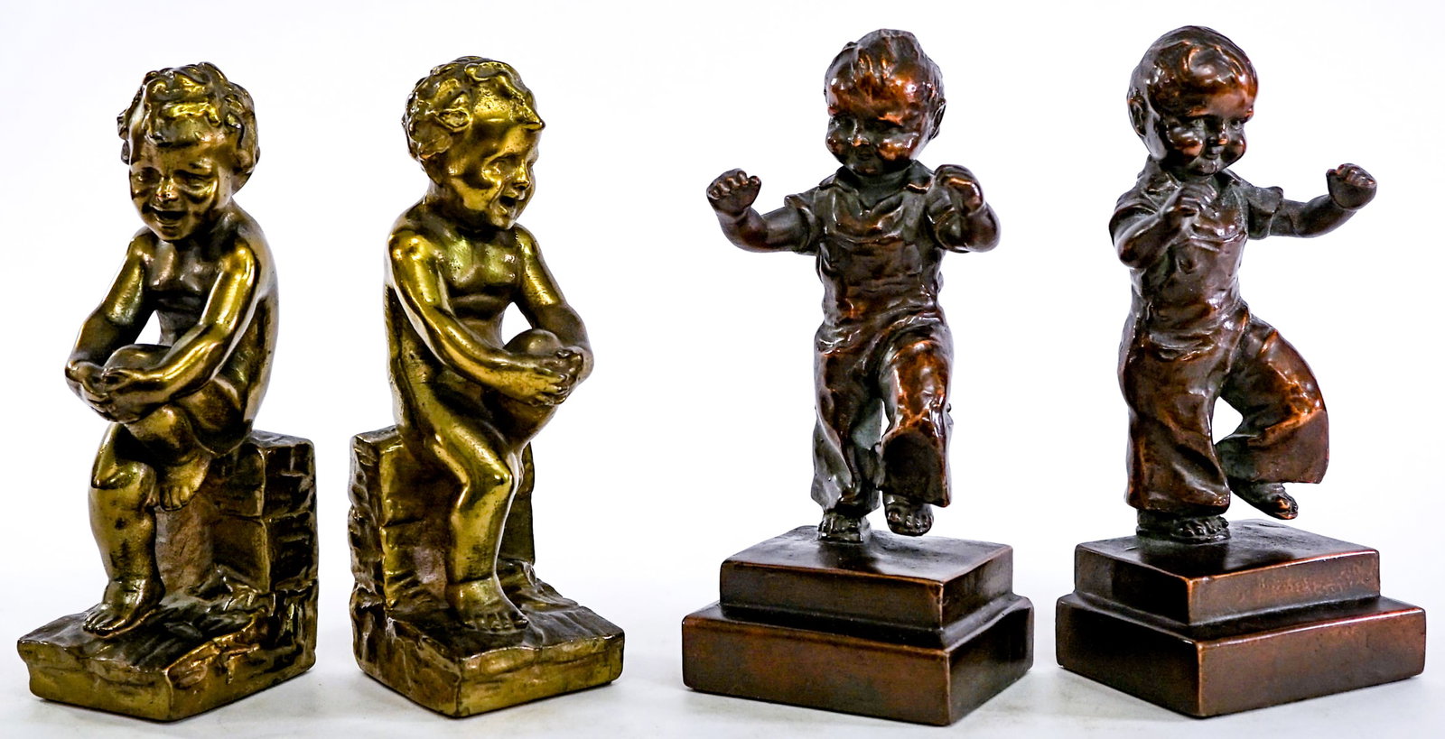 Armor Bronze (2 Pair) Children Figure Bookends: Two (2) pair 'Farmerette' Armor Bronze bookends. 1) Child seated measures 8 x 2.5 x 3 in. each. 2) Child walking measures 8.25 x 3.625 x 3 in. each. Signed. Lot measures 8.25 x 4 x 6 inches for shippi