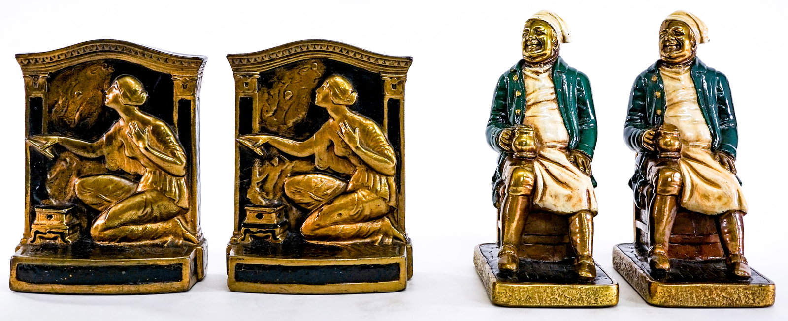 Two (2) Pair Vintage Bookends [Pandora's Box]: 1) Marion Bronze clad pair bookends. Man seated. Measures 8 x 3.5 x 5.5 in. each. 2) Armor Bronze clad pair bookends. Pandora's Box. Measures 7.125 x 5.5 x 2.875 in. Lot measures 6.5 x 8 x 12 inches f