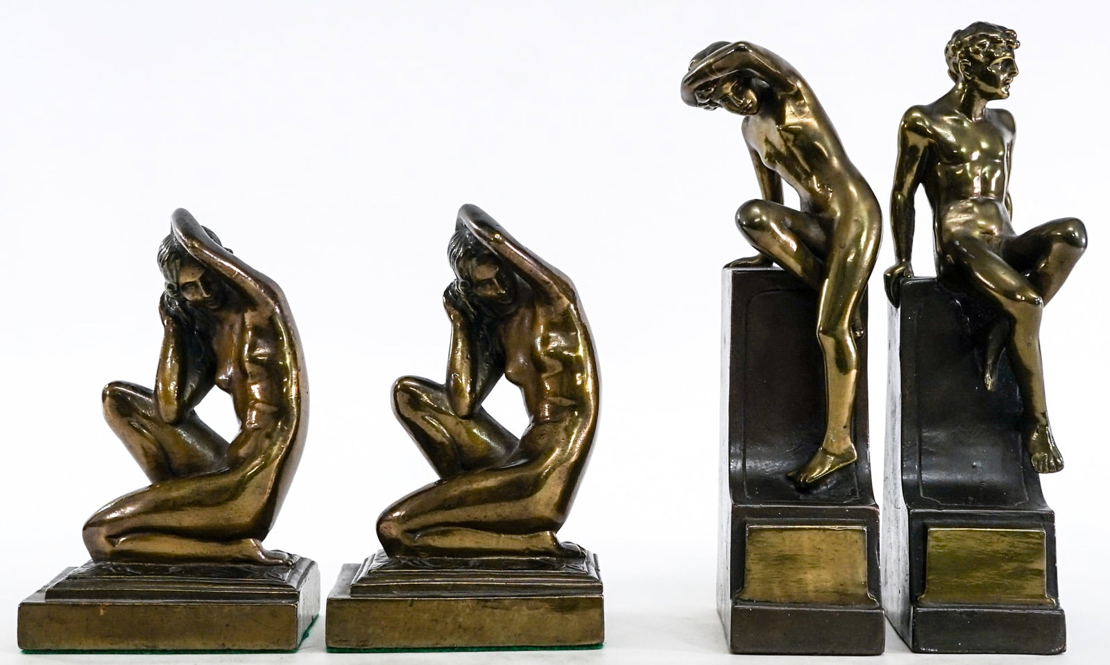 Art Deco(2 Pair) Bronze Clad Cast Metal [Nude]: 1) Unmarked nudes measure approximately 7 x 4.25 x 3 in. each. 2) Classic Art measures approximately 10.25 x 2.5 x 4 in. each. Lot measures 10.25 x 8 x 8 inches for shipping purposes. The absence of a