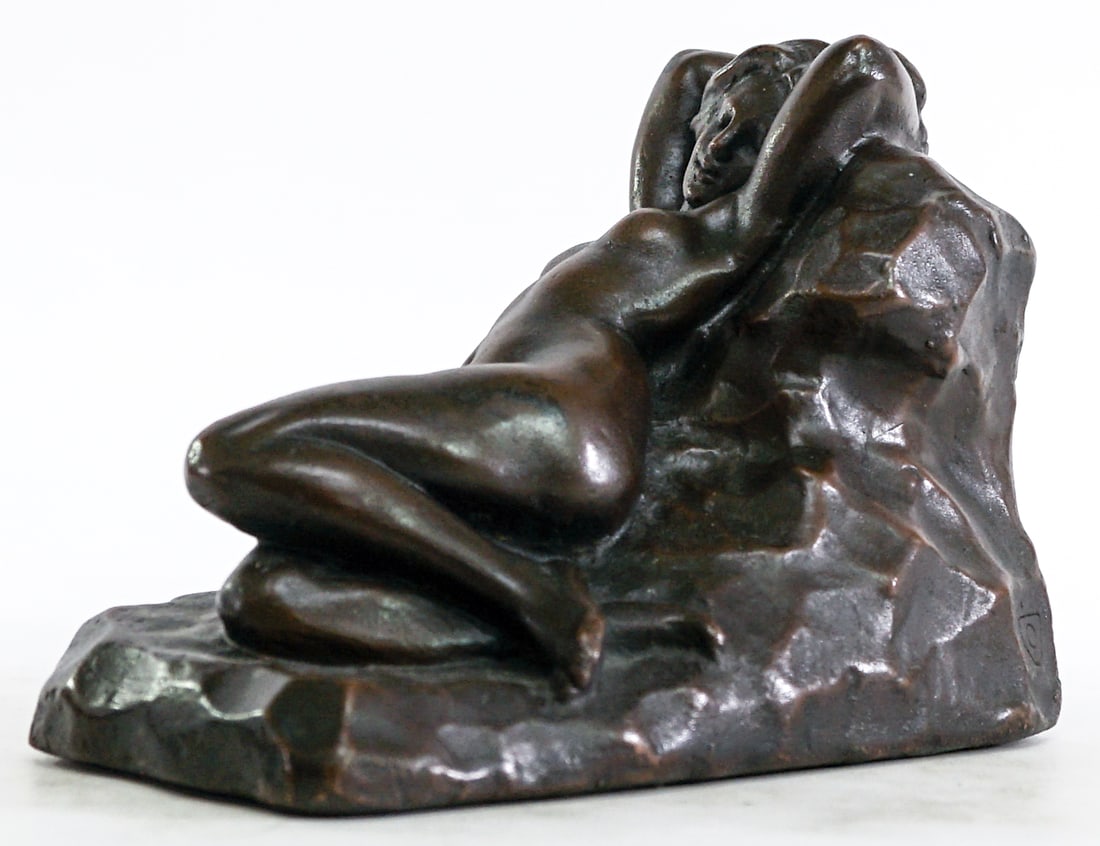 Art Deco SINGLE Armor Bronze S. Morani [Nude]: Art Deco 'Girl on Rock' bronze clad sculpture by Salvatore Morani 1914, signed lower edge. Measures 5.5 x 4 x 7.5 in. Lot measures 5.5 x 4 x 7.5 inches for shipping purposes. The absence of a conditio