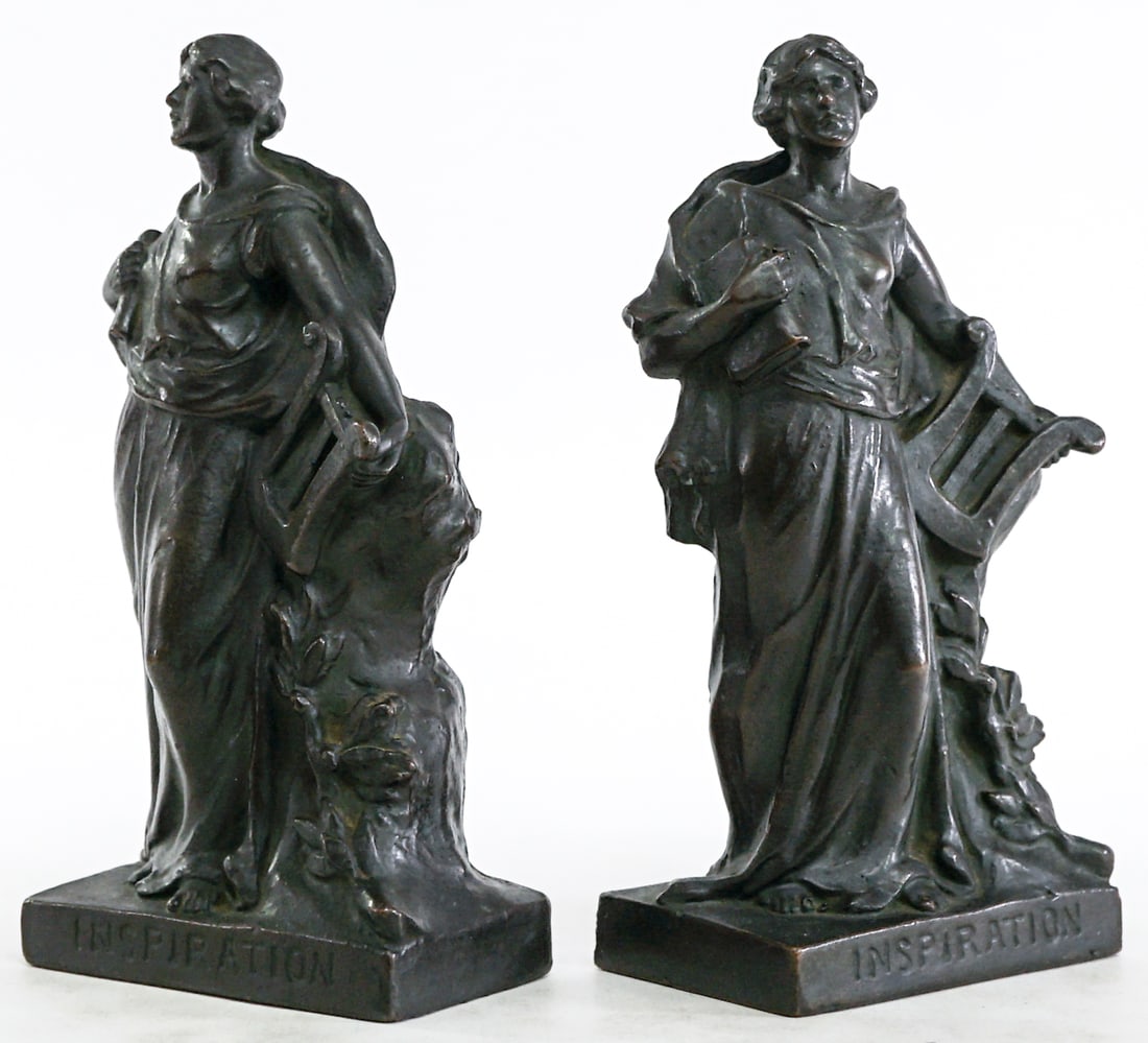 Antique (PR) Bronze Clad Bookends SIGNED [Woman]: EACH measures 7.5 x 3.745 x 2.25 in. Lot measures 7.5 x 3.745 x 4.5 inches for shipping purposes. The absence of a condition report does not imply that the lot is in perfect condition or completely fr