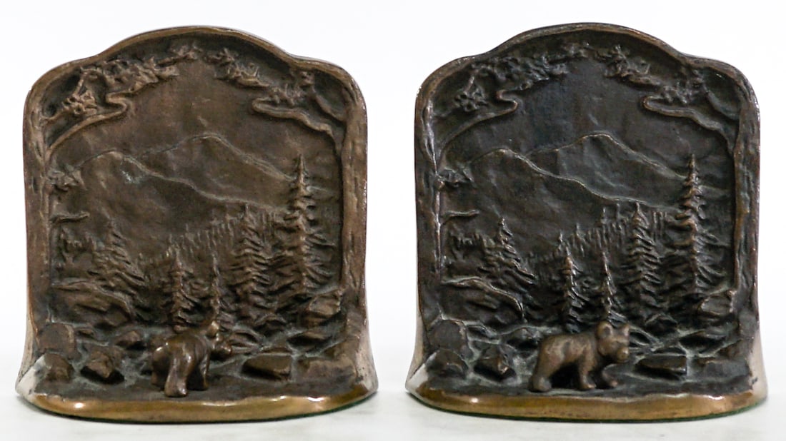 Forrest Scene / Bear Pair Cast Metal Bookends: Note one of the bears is loosening and spins but secure. Bronze clad. EACH measures 5.125 x 5 x 2.75 in. Lot measures 5.125 x 5 x 5.5 inches for shipping purposes. The absence of a condition report do