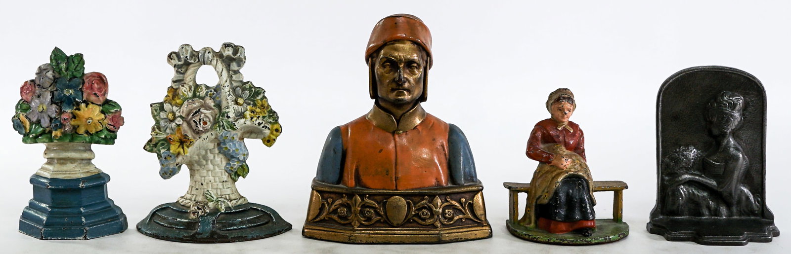 Vintage (5) SINGLE Bookends / Doorstops: Cast iron / metal cold-painted. Measure from 4.5 to 7.25 in. tall. Lot measures 7.25 x 4.5 x 13.5 inches for shipping purposes. The absence of a condition report does not imply that the lot is in perf