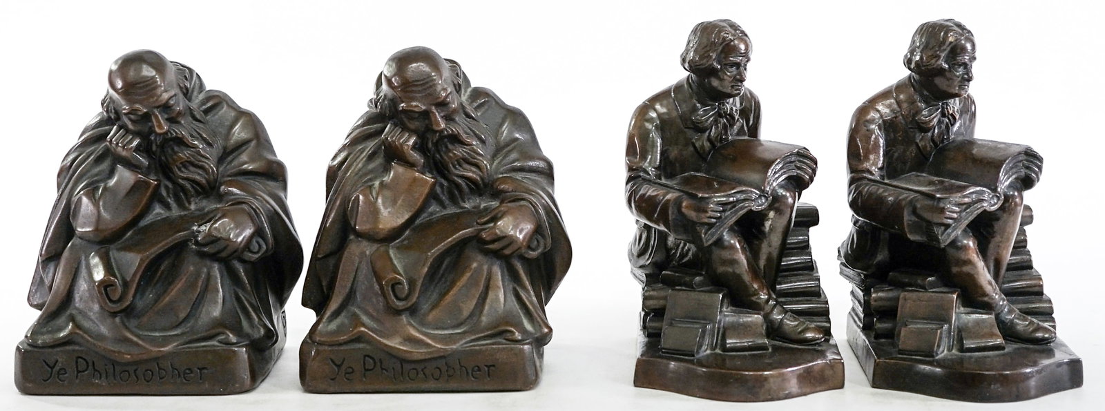 Armor Bronze Clad (2 Pair) Bookends: 1) Ye Philosopher measures 6.25 in. x 5.25 x 4.25 in. each. 2) 6.75 x 4 x 5.25 in each. Lot measures 6.75 x 11 x 10 inches for shipping purposes. The absence of a condition report does not imply that