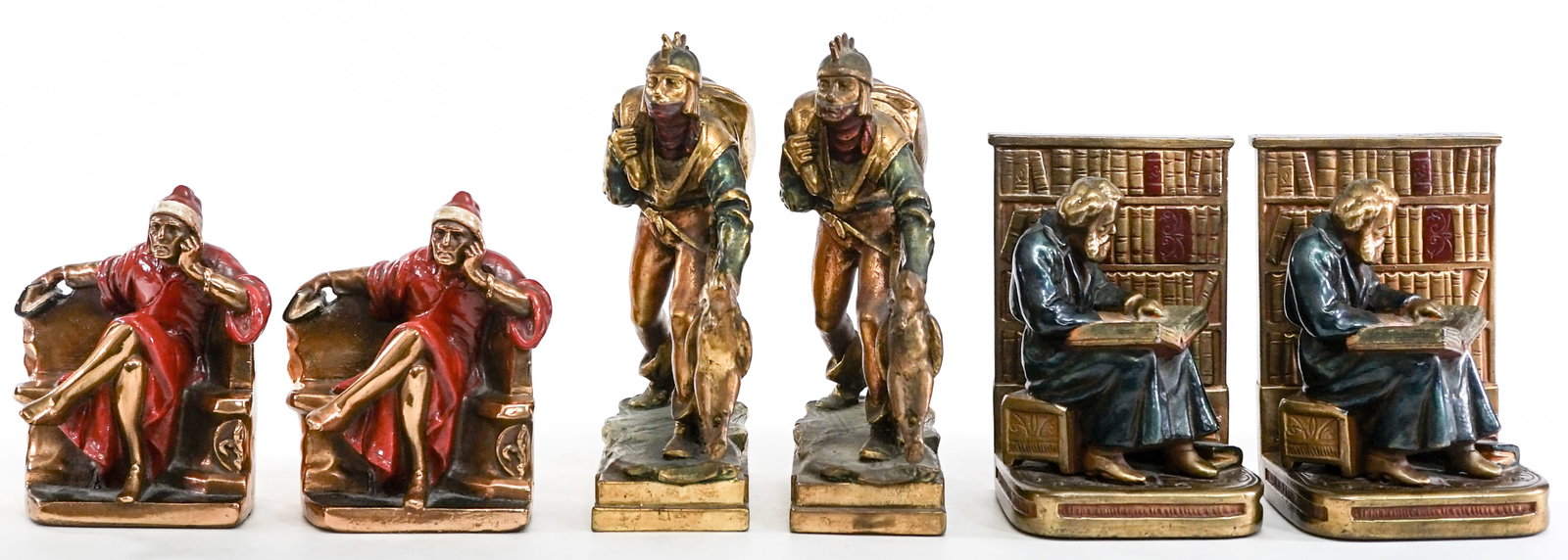 Bronze Clad (3 Pair) Figural Bookends: 1) Dante measures 6.25 x 6 x 4 in. 2) Monk reading in library measures 7.25 x 4.5 x 4.5 in. 3) Pompeian Bronze warrior and dog measures 9.5 x 3 x 6 in. Lot measures 9.5 x 12 x 12 inches for shipping p
