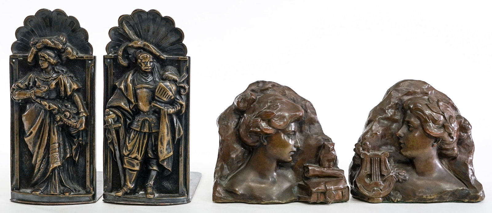 Art Deco (2 Pair) Antique Bookends: Measure 5 to 8.25 in. tall. Lot measures 8.25 x 7 x 10 inches for shipping purposes. The absence of a condition report does not imply that the lot is in perfect condition or completely free from wear