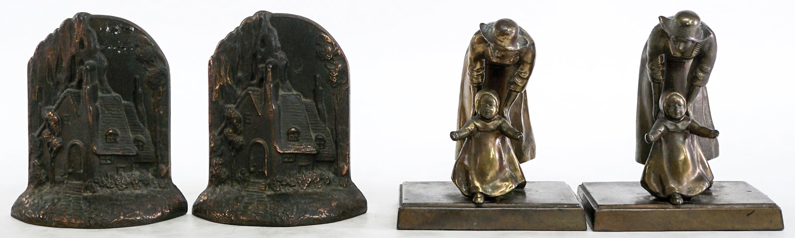 Vintage (2 Pair) Cast Metal / Iron Bookends: 1) House is cast iron and measures 5.5 x 5 x 2 in. 2) Woman with child is cast metal and measures 5.5 x 5 x 3.5 in. Lot measures 5.5 x 5 x 11 inches for shipping purposes. The absence of a condition r