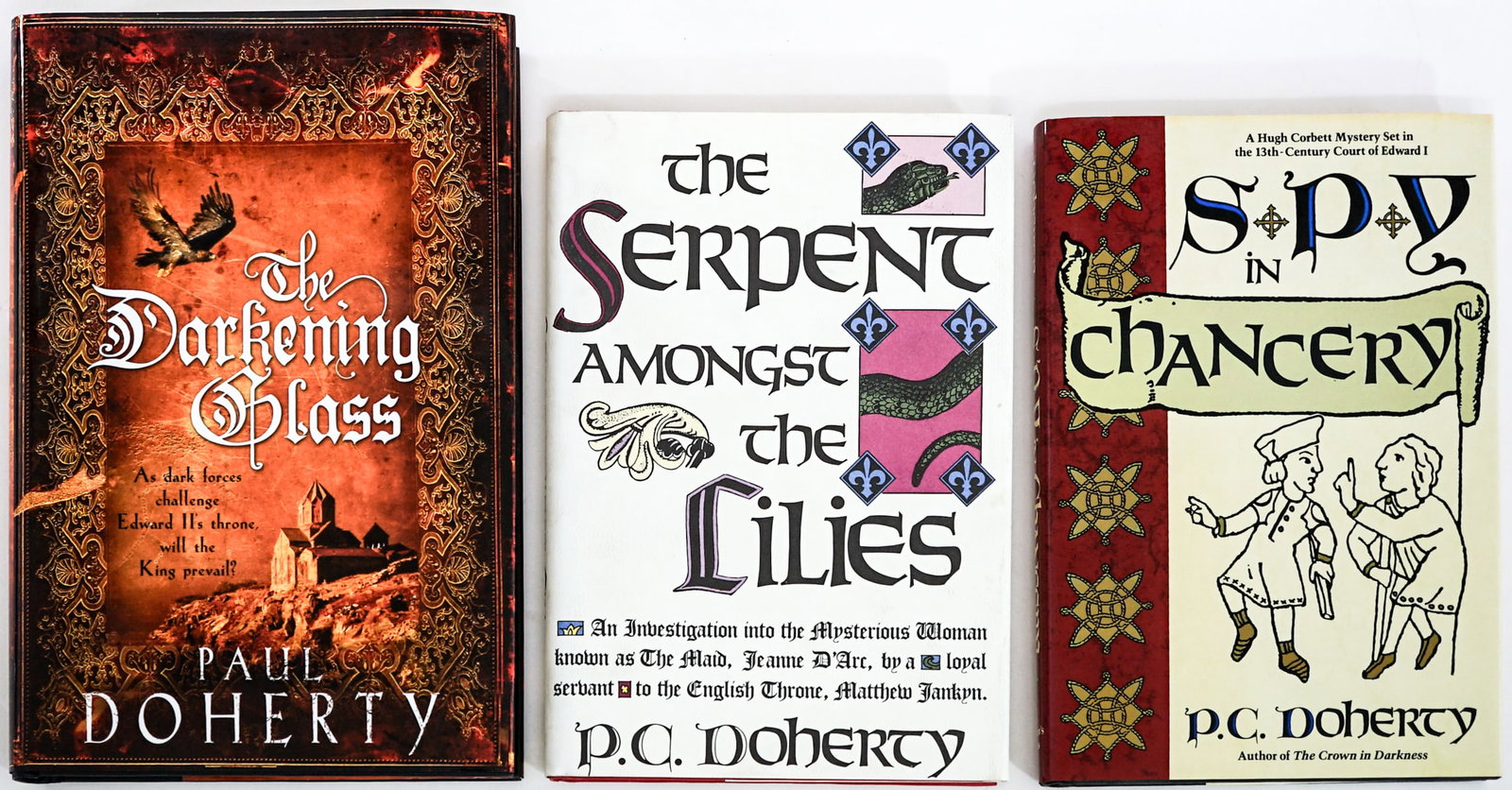 Paul (P.C.) Doherty (3) Books [Historical Crime]: 1) The Darkening Glass SIGNED on title page. Headline 2009 1st UK with unclipped dust jacket. 305 pp. Black covers. 2) Spy in Chancery. St. Martin's Press 1988 1st U.S. edition with unclipped dust jac