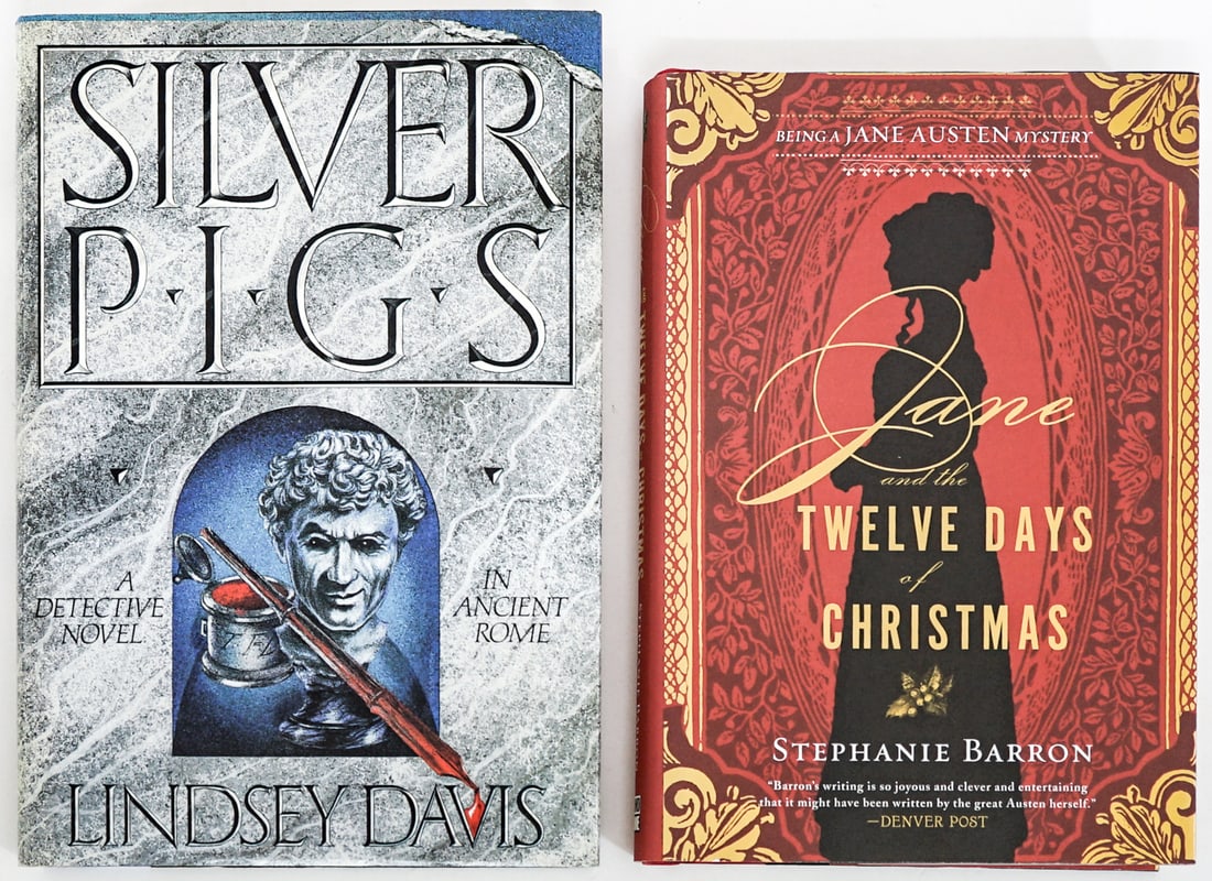 Mysteries/Crime (2) Author SIGNED: 1) Twelve Days of Christmas by Stephanie Barron signed on title page. SOHO Crime 2014 with unclipped dust jacket. 325 pp. Two-tone covers. 2) Silver Pigs by Lindsey Davis signed on title page. Crown P