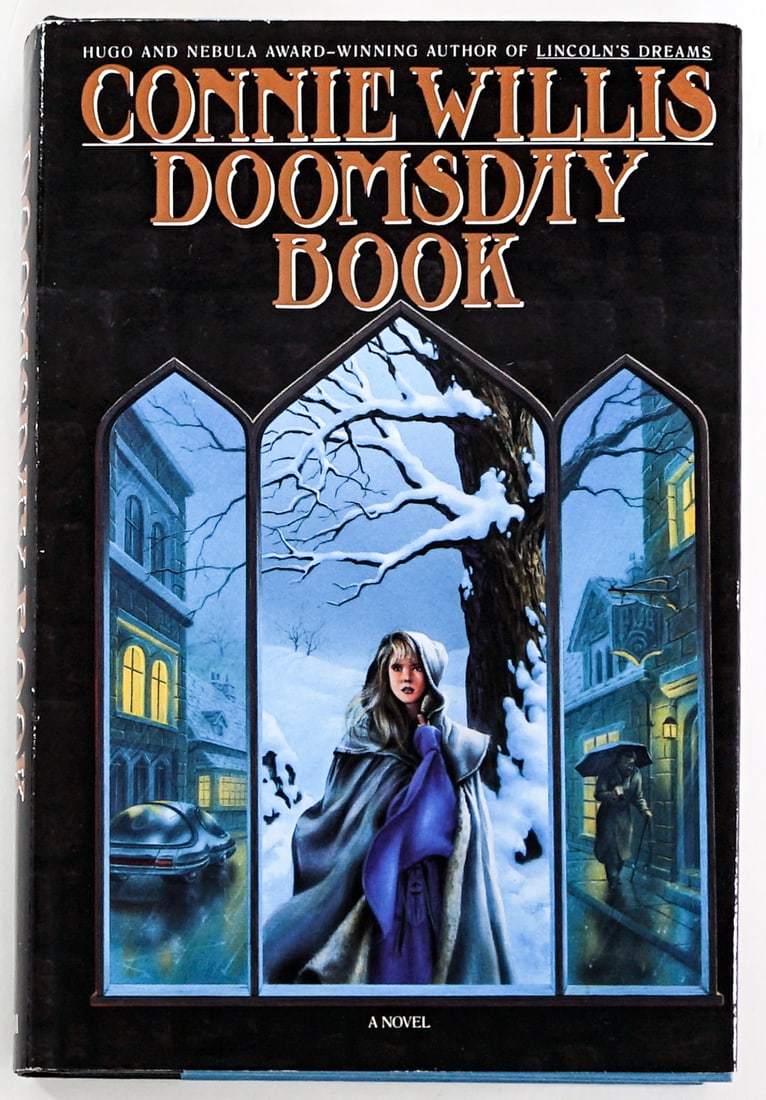 Connie Willis - Doomsday Book SIGNED: Doomsday Book by Connie Willis signed on title page. Bantam Books 1992 with unclipped dust jacket. 445 pp. Two-tone blue covers. Book lot measures 8.5 in. H x 6 in. W x 1.25 in. D for shipping purpose