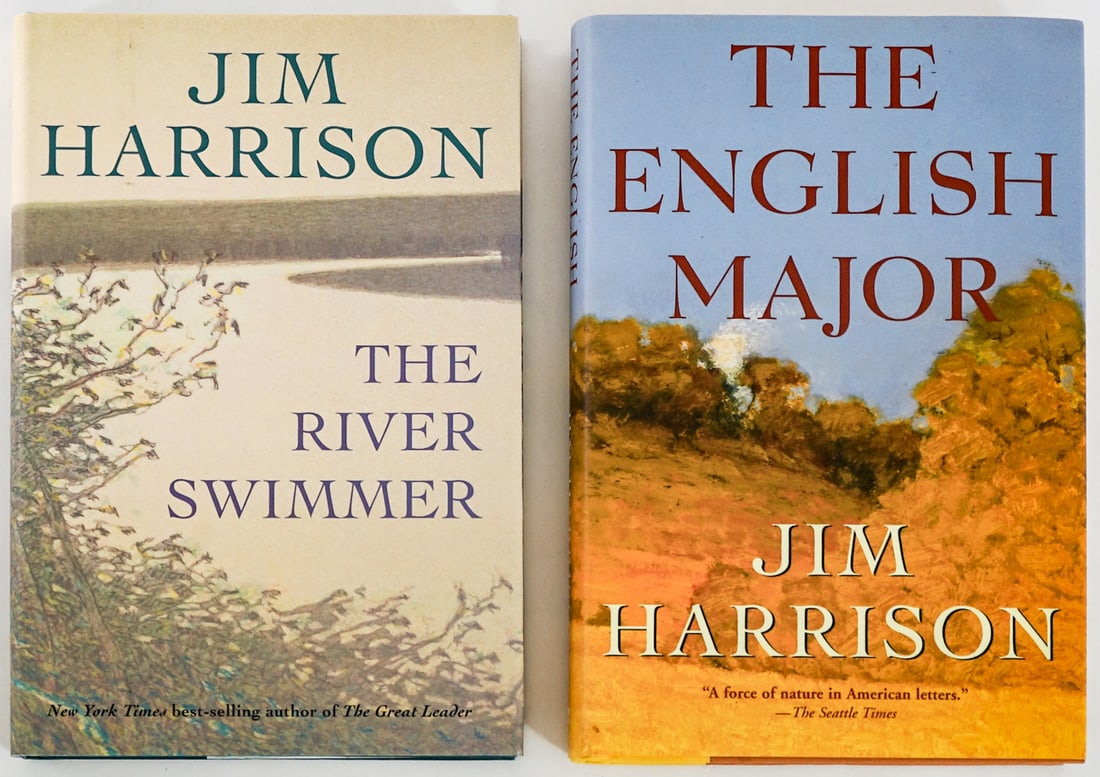 Jim Harrison (2) Books [1 SIGNED]: 1) The English Major signed on front endsheet. Grove Press 2008 1st with unclipped dust jacket. 255 pp. 2) The River Swimmer. Grove Press 2013 1st with unclipped dust jacket. 198 pp. Book lot measures