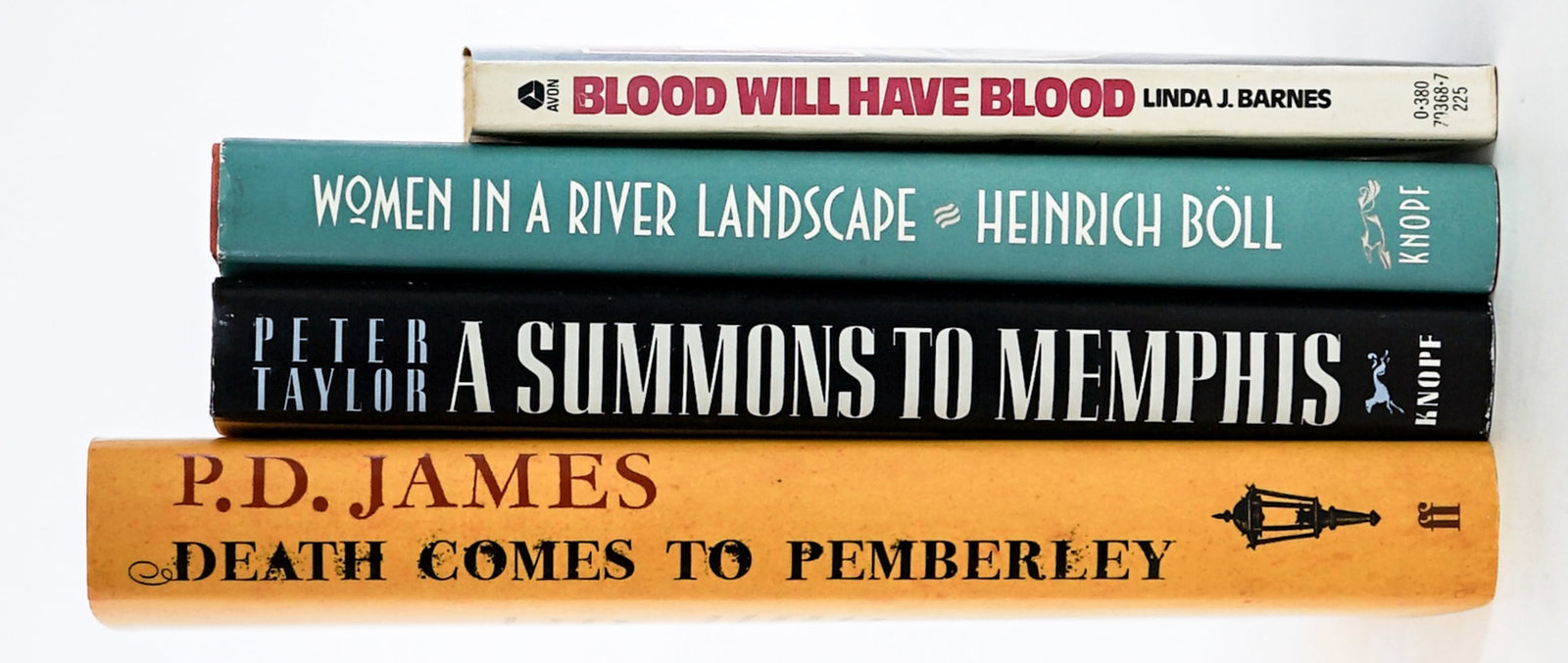 Fiction (4) Books [2 SIGNED]: 1) SOFTCOVER Blood Will Have Blood by Linda J. Barnes signed on title page. Avon Books 1982. 2) Death Comes to Pemberley by P. D. James signed on title page. Faber and Faber 2011 1st with unclipped du