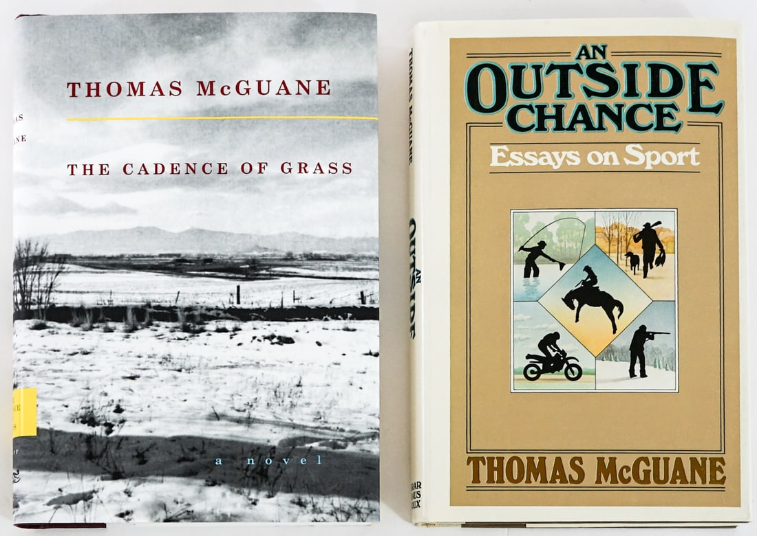 Thomas McGuane (2) SIGNED 1ST EDITIONS: 1) The Cadence of Grass 2002 1st. Alfred A. Knopf with unclipped dust jacket. 2) An Outside Chance 1980 1st. Farrar, Straus and Giroux with unclipped dust jacket. Book lot measures 8.5 in. H x 6 in. W