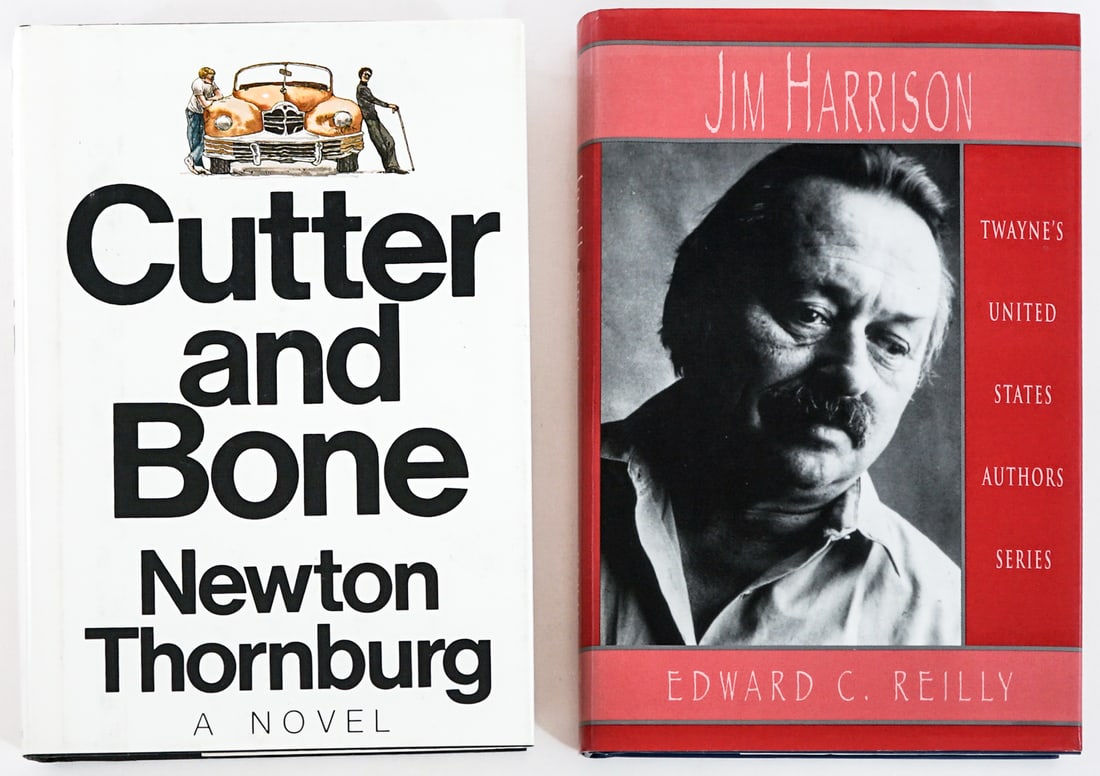 Jim Harrison / Newton Thornburg (2) Books: 1) Twayne's United States Authors Series - Jim Harrison, Edward C. Reilly 1996 with unclipped dust jacket. 2) Cutter and Bone by Newton Thornburg. 1976 1st with unclipped dust jacket. Book lot measure