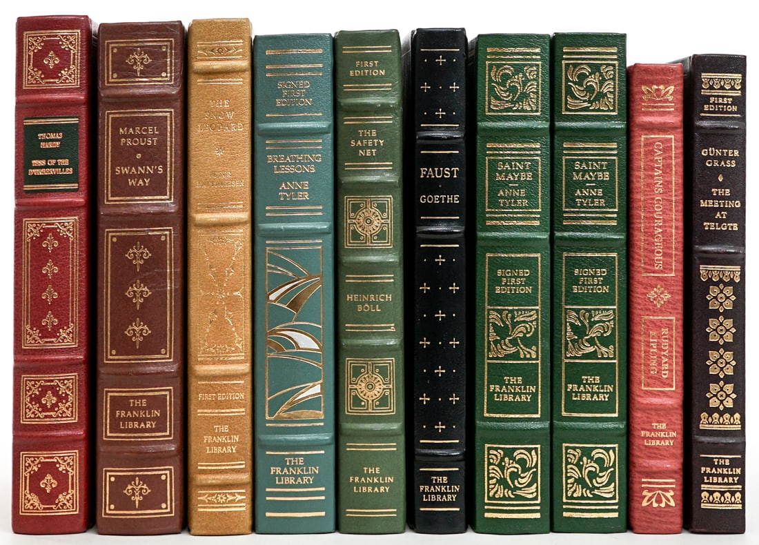 The Franklin Library Leather Bound Books (10): Books are in EX+/NM condition (Like-New). These books are from an odor free and smoke-free home. Book lot measures 17 x 13 x 7 inches for shipping purposes. Signed (Autographed) book/s and other mater