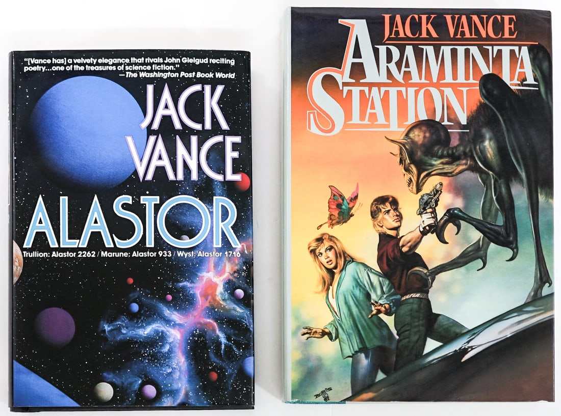 Jack Vance (2) Sci-Fi [1 SIGNED]: 1) Araminta Station signed on title page. TOR 1988 1st with unclipped dust jacket. 2) Alastor. TOR 1995 1st with unclipped dust jacket. Book lot measures 9.5 in. H x 6.5 in. W x 3.25 in. D for