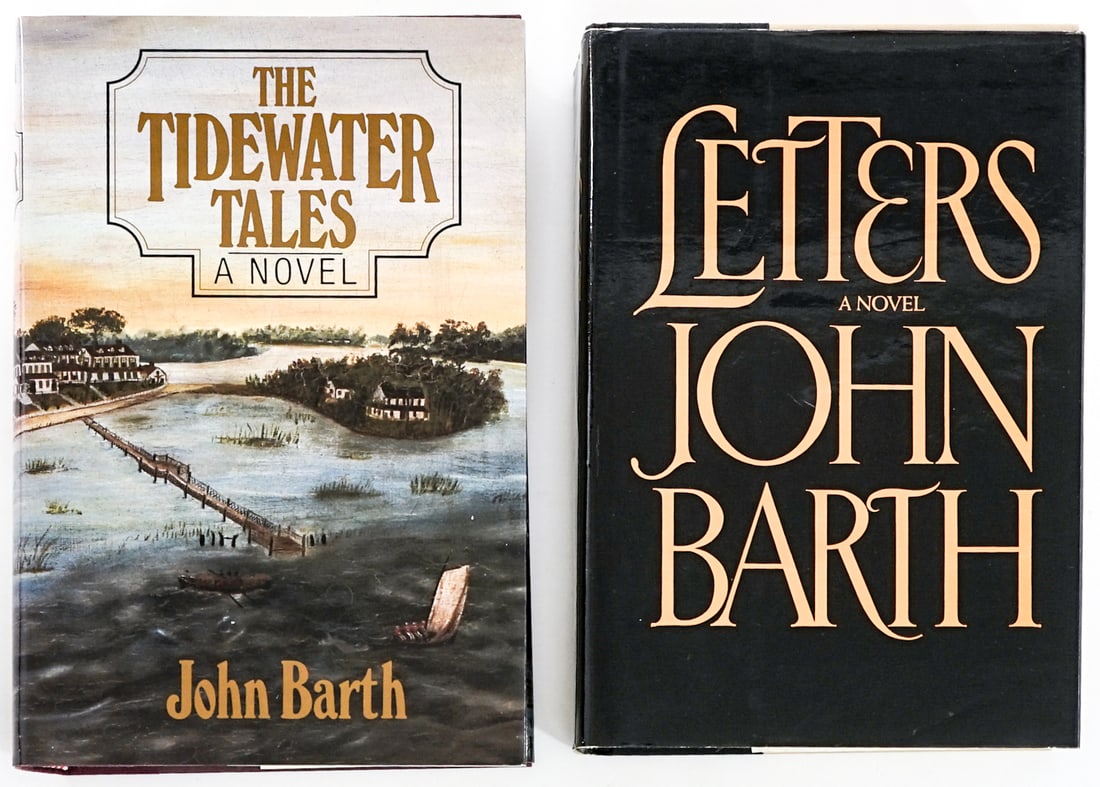 John Barth (2) SIGNED Novels: 1) The Tidewater Tales signed on title page. G. P. Putnam's Sons 1987 first edition with unclipped dust jacket. 655 pp. Maroon covers. 2) Letters signed on title page. G. P. Putnam's Sons 1979 first e