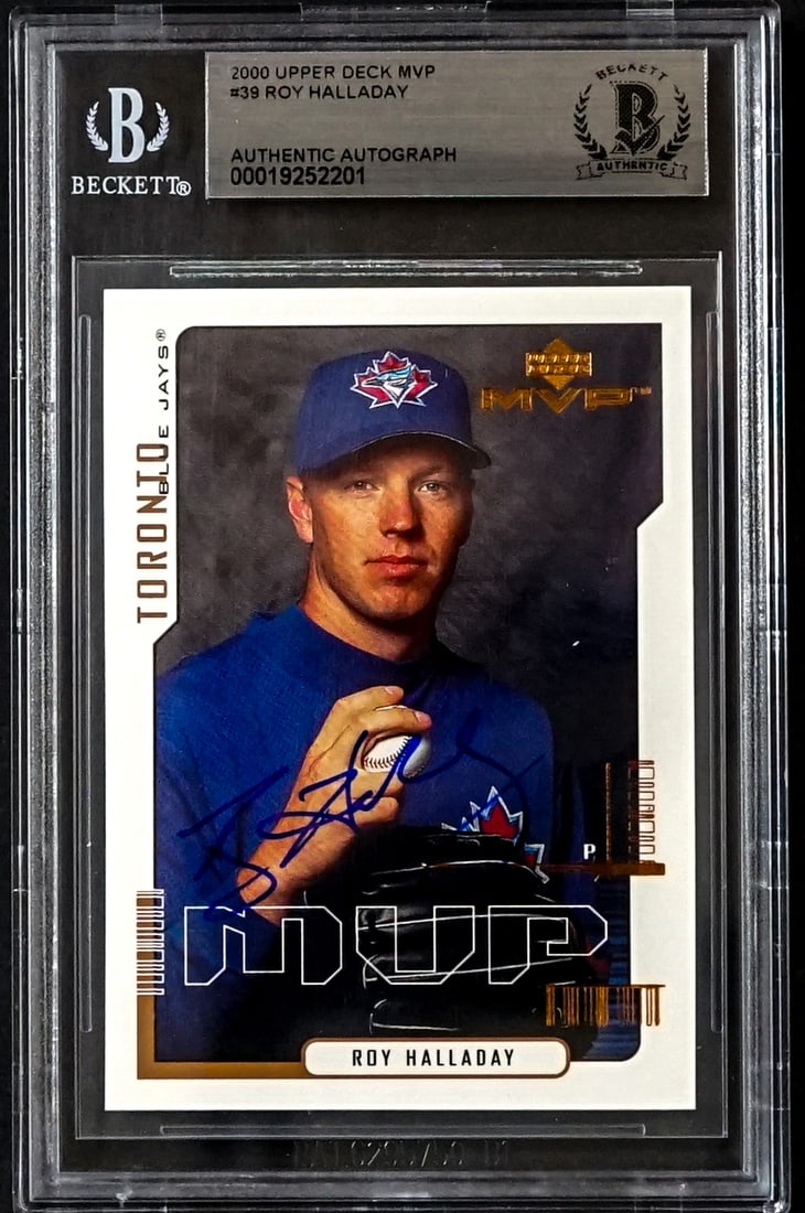 Roy Halladay On Card SIGNED 2000 Upper Deck MVP: Lot measures 5.5 x 3.5 x .25 inches for shipping purposes. The absence of a condition report does not imply that the lot is in perfect condition or completely free from wear and tear, imperfections, o