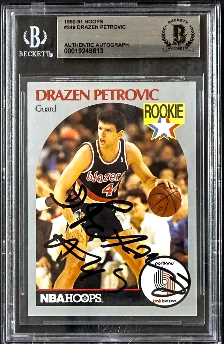 Drazen Petrovic On Card SIGNED Hoops #248: Lot measures 5.5 x 3.5 x .25 inches for shipping purposes. The absence of a condition report does not imply that the lot is in perfect condition or completely free from wear and tear, imperfections, o