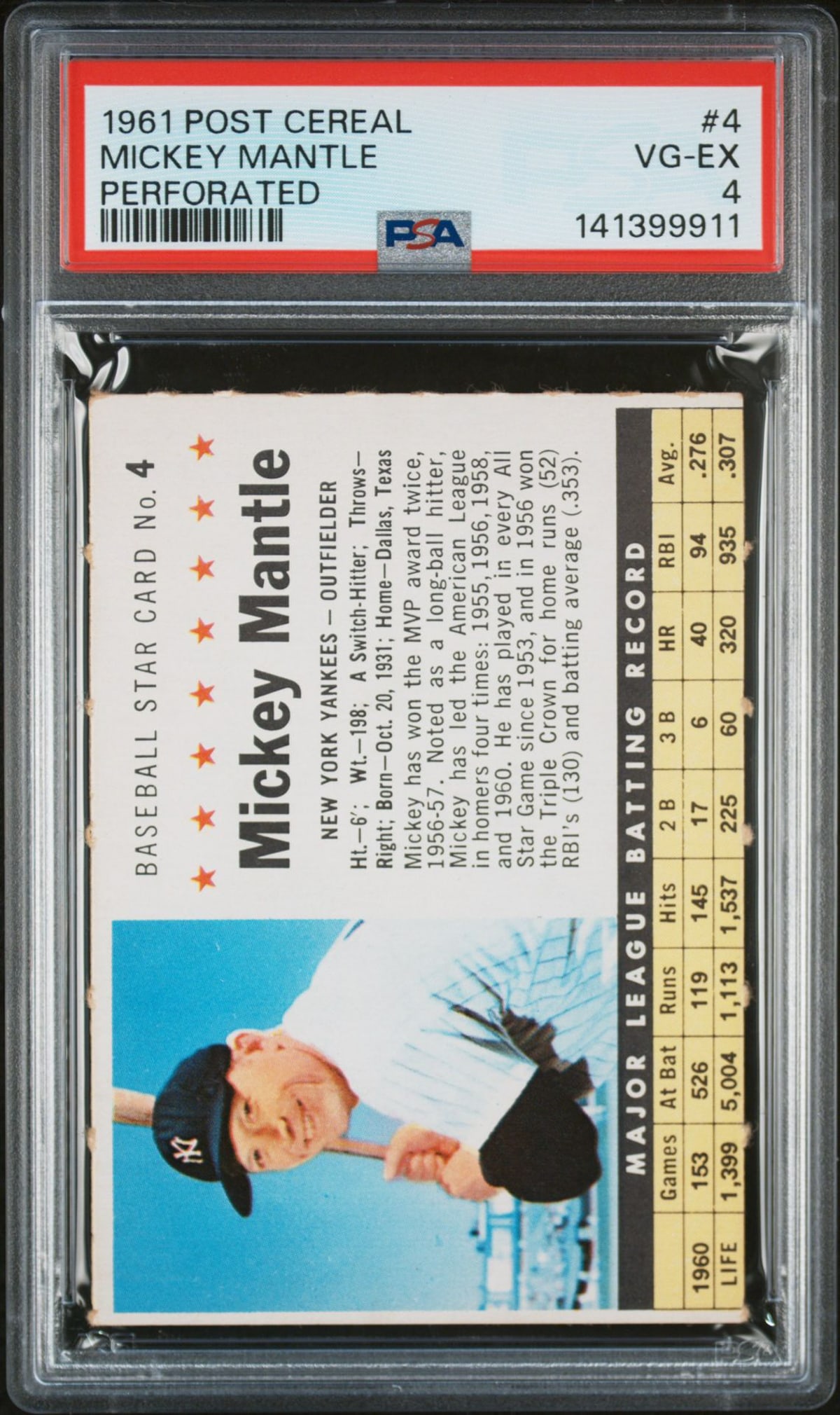 Mickey Mantle 1961 Post Cereal #4 Perforated PSA 4 (1 of 2)