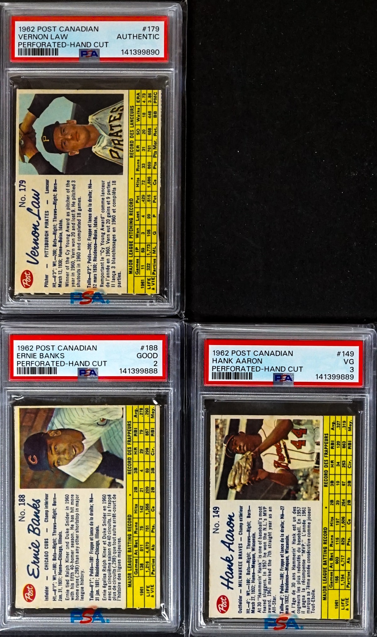 (3) 1962 Post Canadian Perforated Handcut [PSA]: Lot measures 6 x 4 x 1.5 inches for shipping purposes. The absence of a condition report does not imply that the lot is in perfect condition or completely free from wear and tear, imperfections, or th