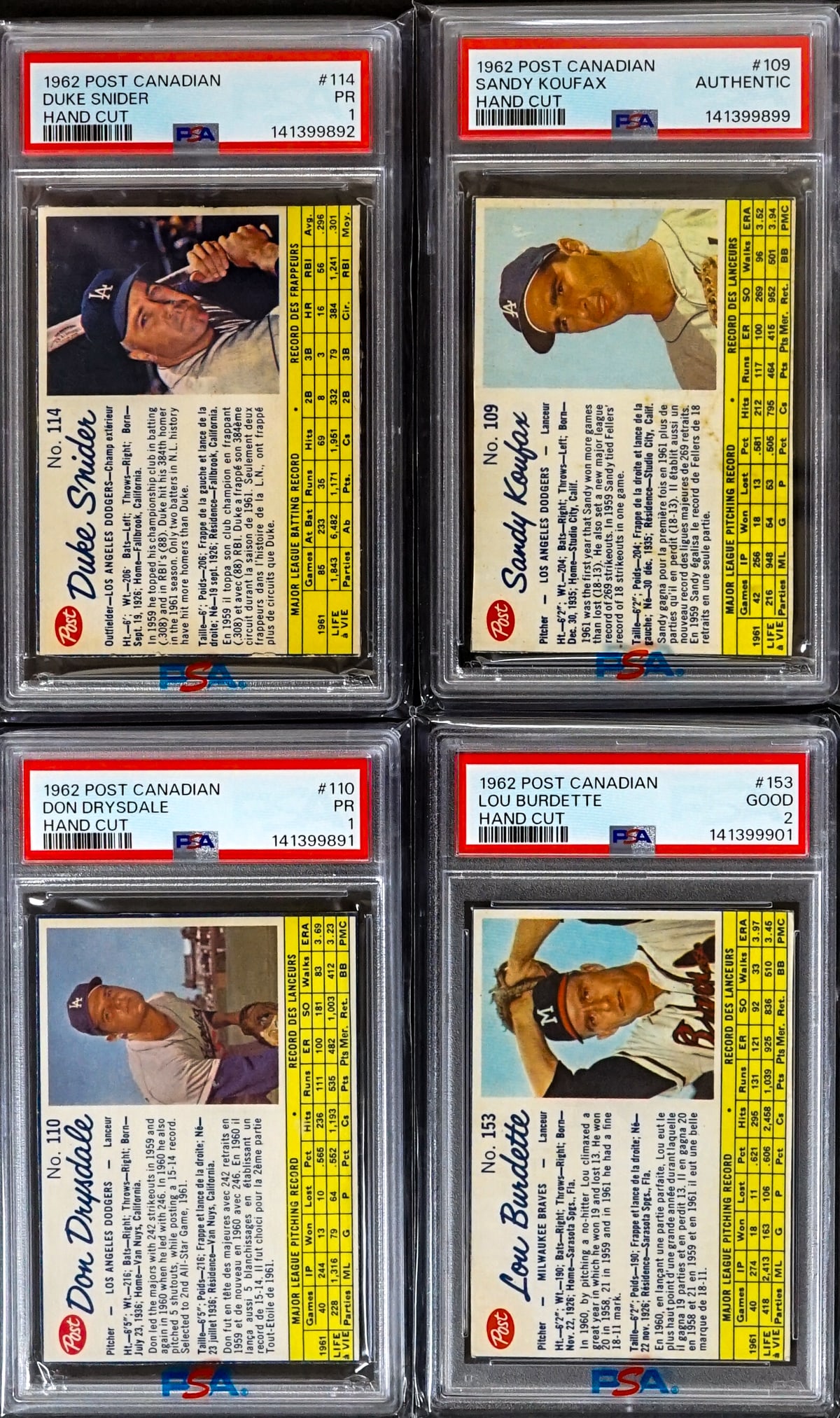 (4) 1962 Post Canadian Baseball Cards [PSA]: Lot measures 6 x 4 x 2.5 inches for shipping purposes. The absence of a condition report does not imply that the lot is in perfect condition or completely free from wear and tear, imperfections, or th