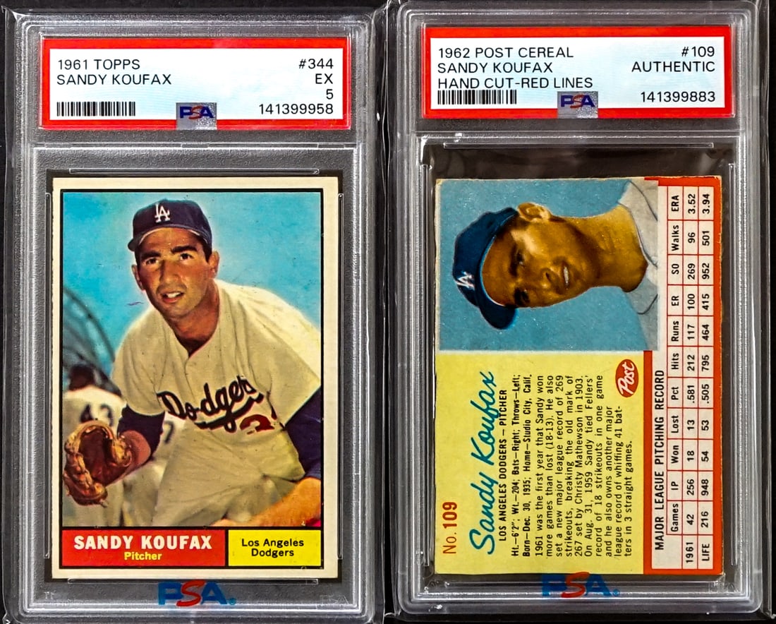 Sandy Koufax PSA Graded Baseball Cards (2): Lot measures 5.5 x 3.5 x .5 inches for shipping purposes. The absence of a condition report does not imply that the lot is in perfect condition or completely free from wear and tear, imperfections, or