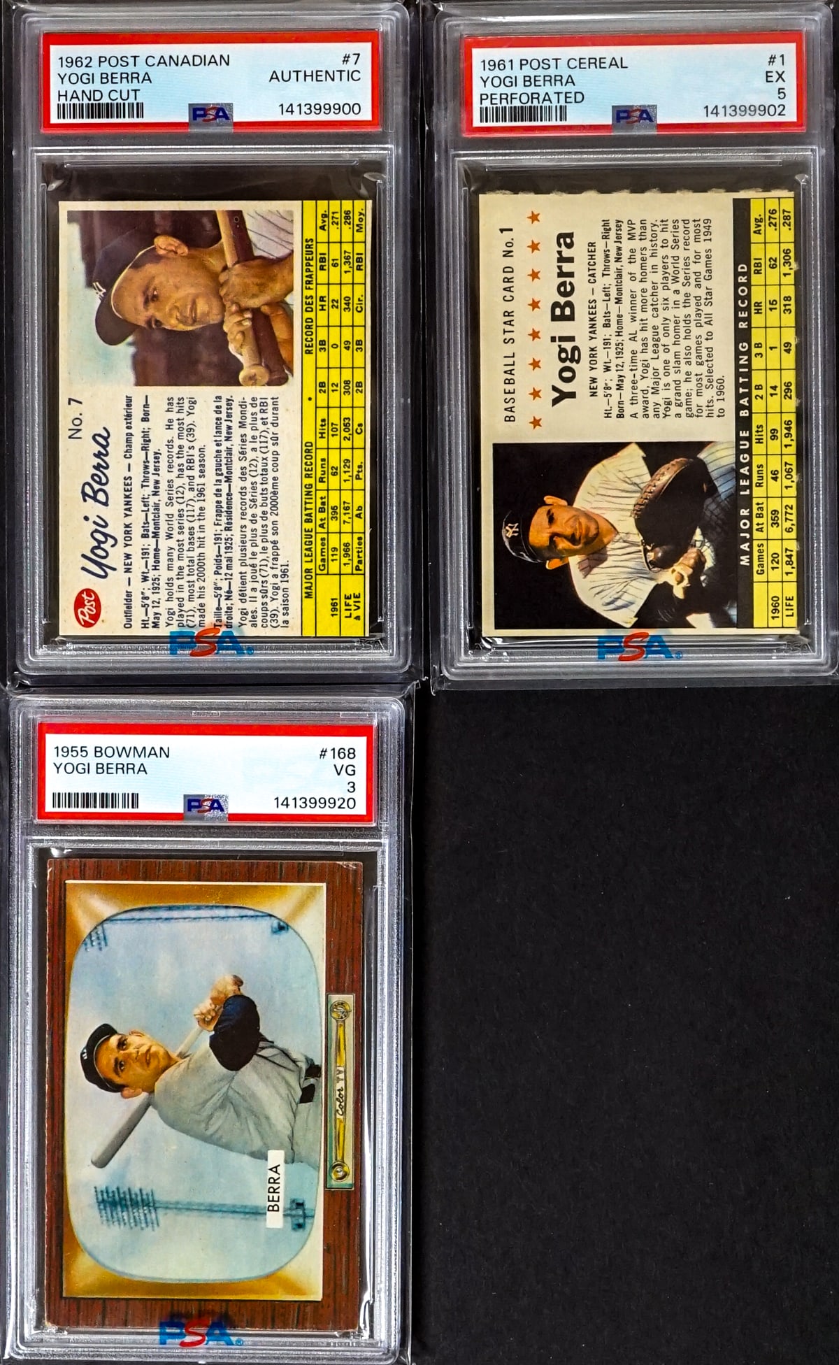 Yogie Berra PSA Graded Baseball Cards (3): Lot measures 5.5 x 3.5 x 1 inches for shipping purposes. The absence of a condition report does not imply that the lot is in perfect condition or completely free from wear and tear, imperfections, or 