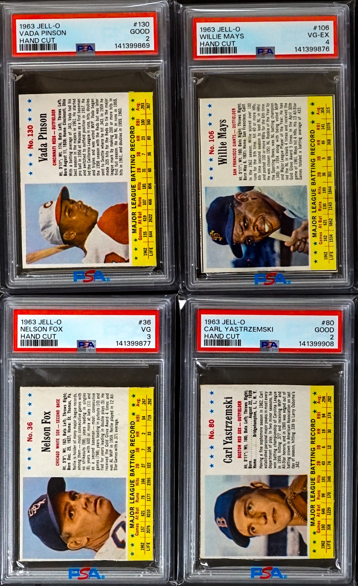 1963 Jell-O Hand Cut Baseball Cards (4): Lot measures 5.5 x 3.5 x 1 inches for shipping purposes. The absence of a condition report does not imply that the lot is in perfect condition or completely free from wear and tear, imperfections, or 
