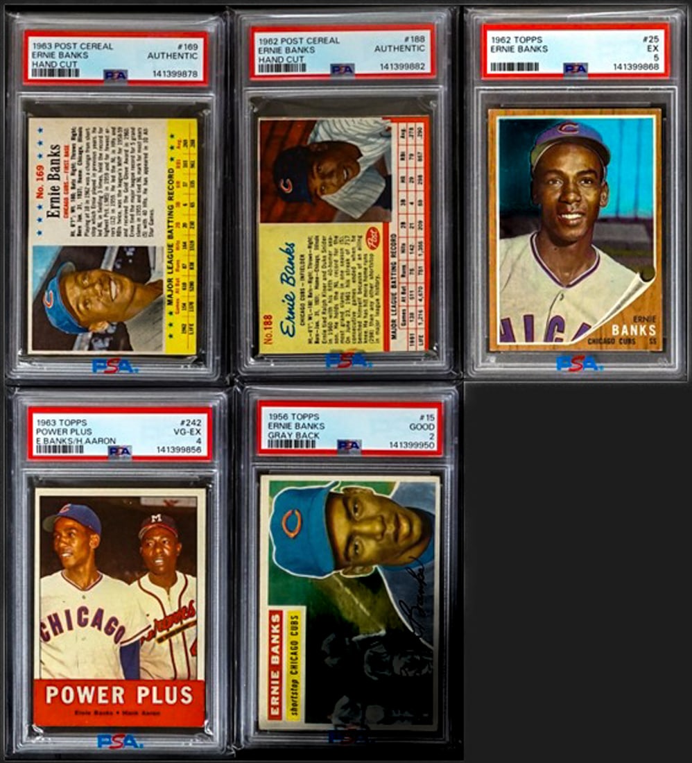 (5) Ernie Banks PSA Graded Baseball Cards: Lot measures 5.5 x 3.5 x 2 inches for shipping purposes. The absence of a condition report does not imply that the lot is in perfect condition or completely free from wear and tear, imperfections, or 