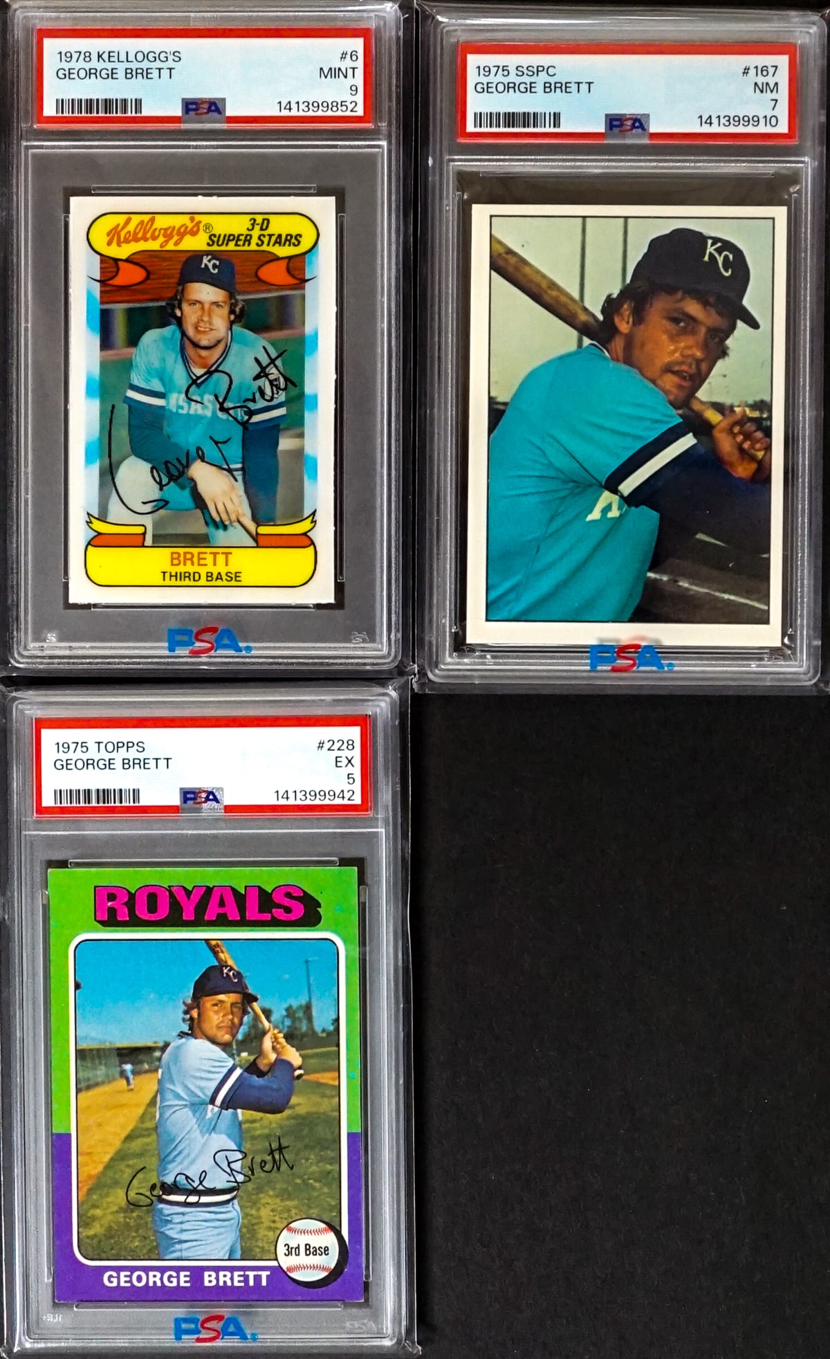 (3) George Brett PSA Graded Baseball Cards: Lot measures 5.5 x 3.5 x 1 inches for shipping purposes. The absence of a condition report does not imply that the lot is in perfect condition or completely free from wear and tear, imperfections, or 
