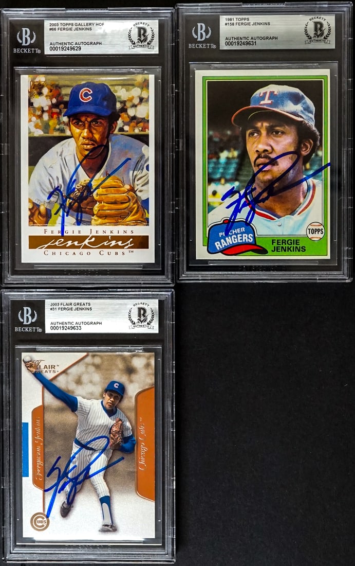(3) Fergie Jenkins On Card SIGNED BB Cards: Lot measures 5.5 x 3.5 x 1 inches for shipping purposes. The absence of a condition report does not imply that the lot is in perfect condition or completely free from wear and tear, imperfections, or 