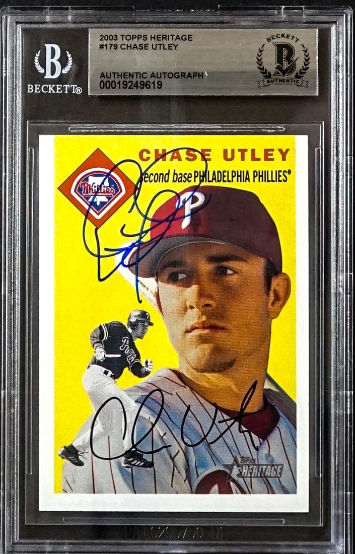 Chase Utley On Card SIGNED 2003 Topps #179: Lot measures 5.5 x 3.5 x .25 inches for shipping purposes. The absence of a condition report does not imply that the lot is in perfect condition or completely free from wear and tear, imperfections, o