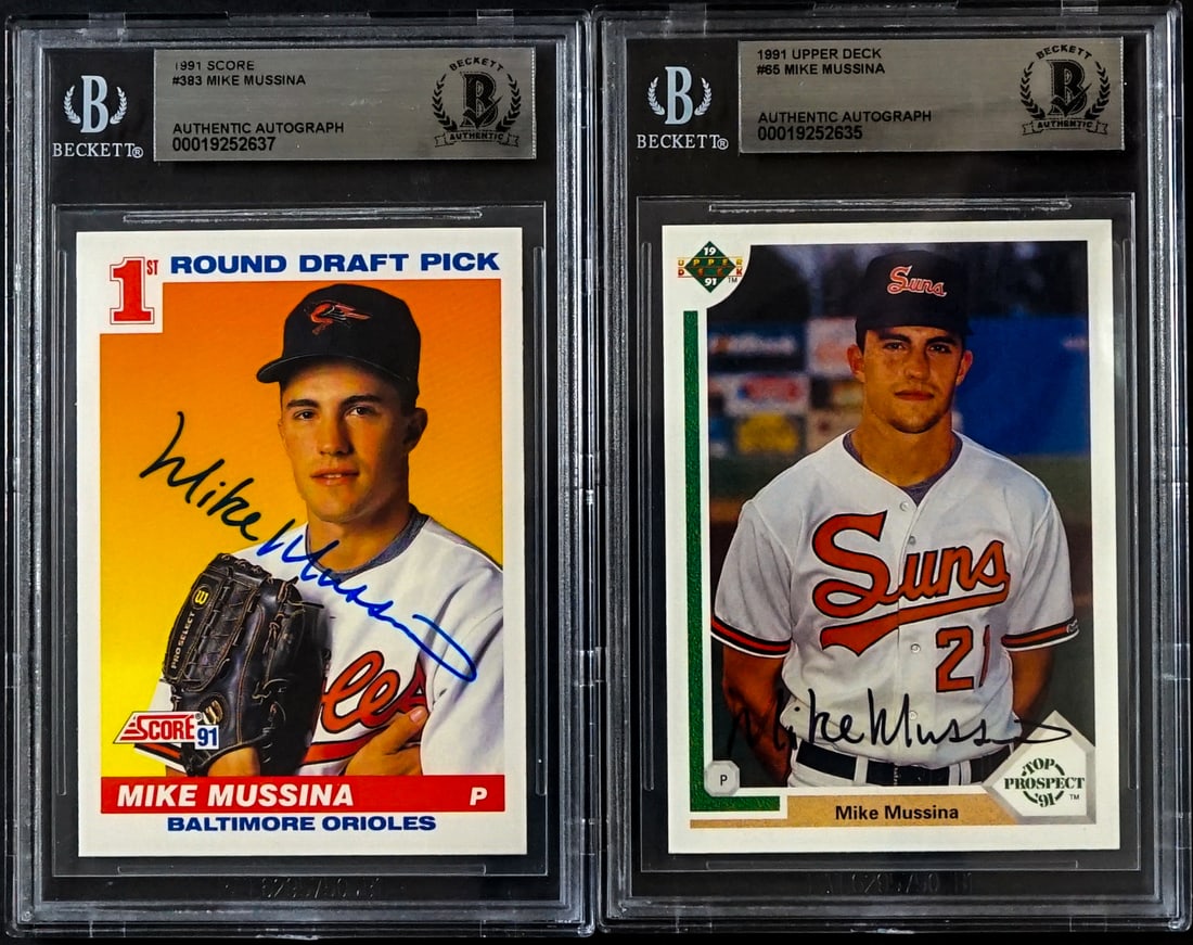 (2) Mike Mussina On Card SIGNED Rookie Cards: Lot measures 5.5 x 3.5 x .5 inches for shipping purposes. The absence of a condition report does not imply that the lot is in perfect condition or completely free from wear and tear, imperfections, or