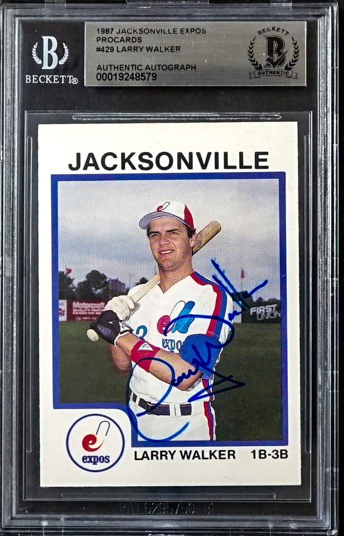 Larry Walker On Card SIGNED 1987 Procards #429: Lot measures 5.5 x 3.5 x .25 inches for shipping purposes. The absence of a condition report does not imply that the lot is in perfect condition or completely free from wear and tear, imperfections, o