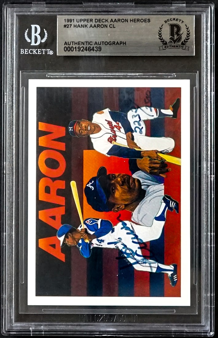 Hank Aaron On Card SIGNED 1991 UD Heroes: Lot measures 5.5 x 3.5 x .25 inches for shipping purposes. The absence of a condition report does not imply that the lot is in perfect condition or completely free from wear and tear, imperfections, o
