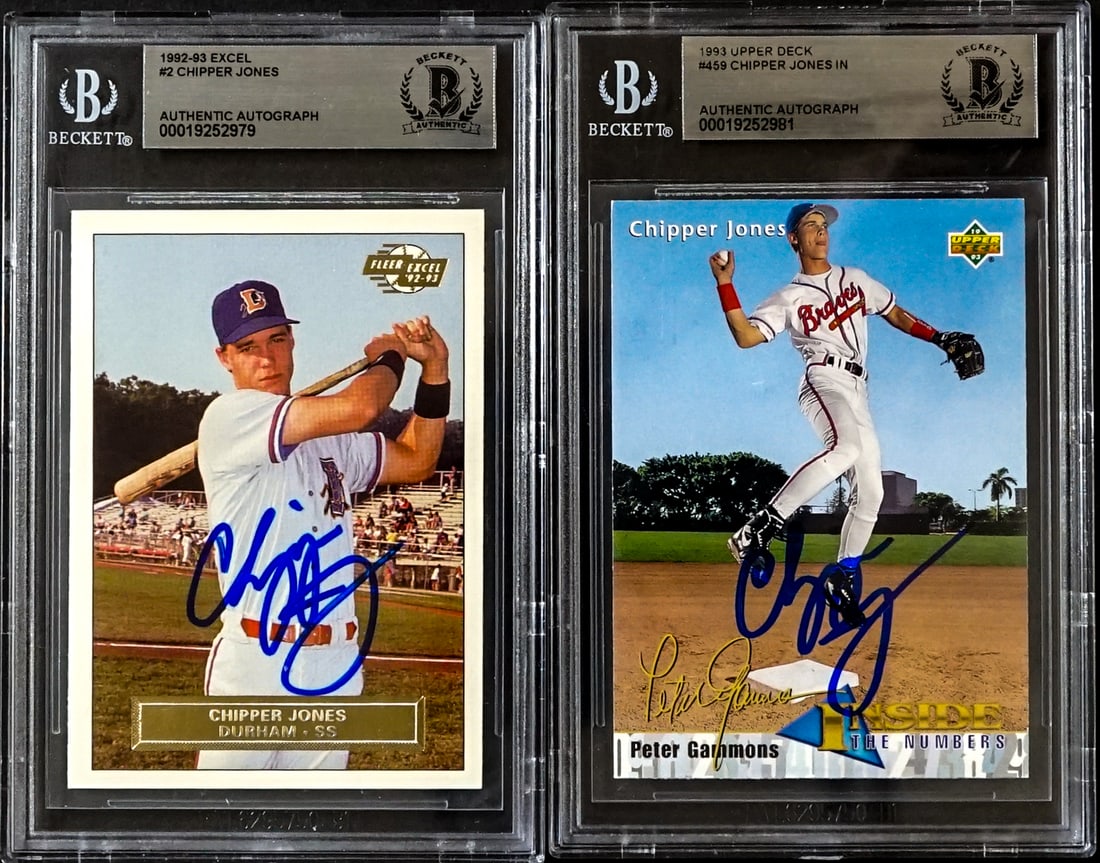 (2) Chipper Jones On Card SIGNED Rookie, Minors: Lot measures 5.5 x 3.5 x .5 inches for shipping purposes. The absence of a condition report does not imply that the lot is in perfect condition or completely free from wear and tear, imperfections, or