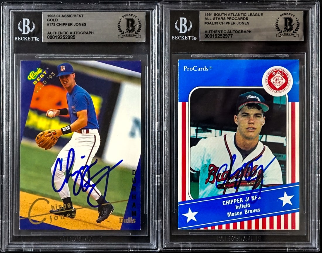 (2) Chipper Jones On Card SIGNED Rookie, Minors: Lot measures 5.5 x 3.5 x .5 inches for shipping purposes. The absence of a condition report does not imply that the lot is in perfect condition or completely free from wear and tear, imperfections, or